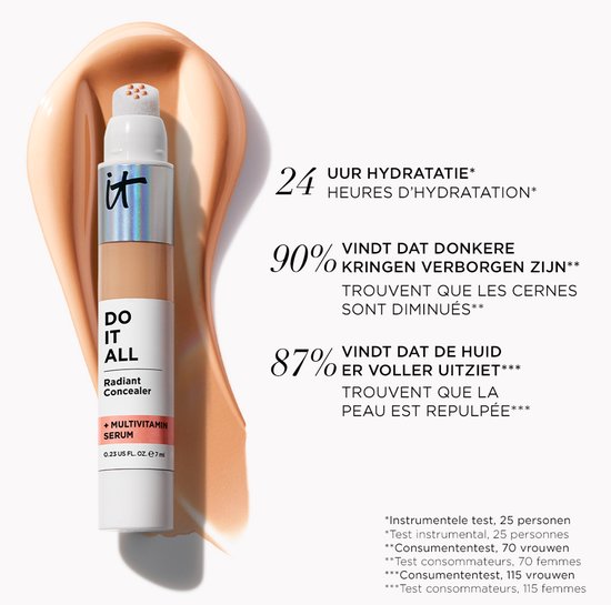 Flesje 'DO IT ALL Radiant Concealer + Multivitamin Serum' met applicator. De verpakking is zilver en wit met de tekst 'it'.