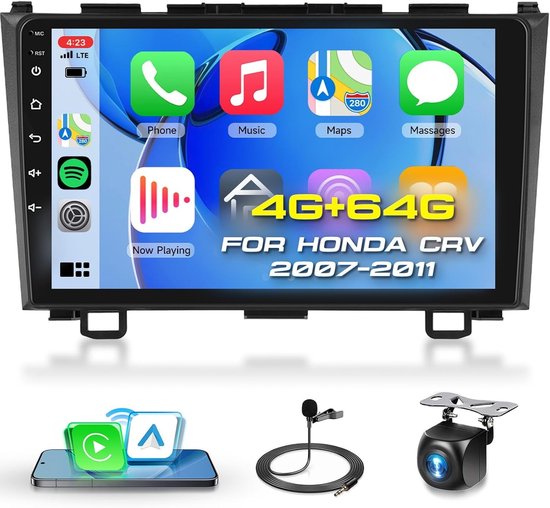Autoradio-4+64G Android 14 autoradio voor CRV 2007-2011 met CarPlay, Android Auto, GPS-navigatie, 9-inch touchscreen autoradio met FM/RDS, SWC, Mirror Link, gesplitst scherm + AHD-achteruitrijcamera