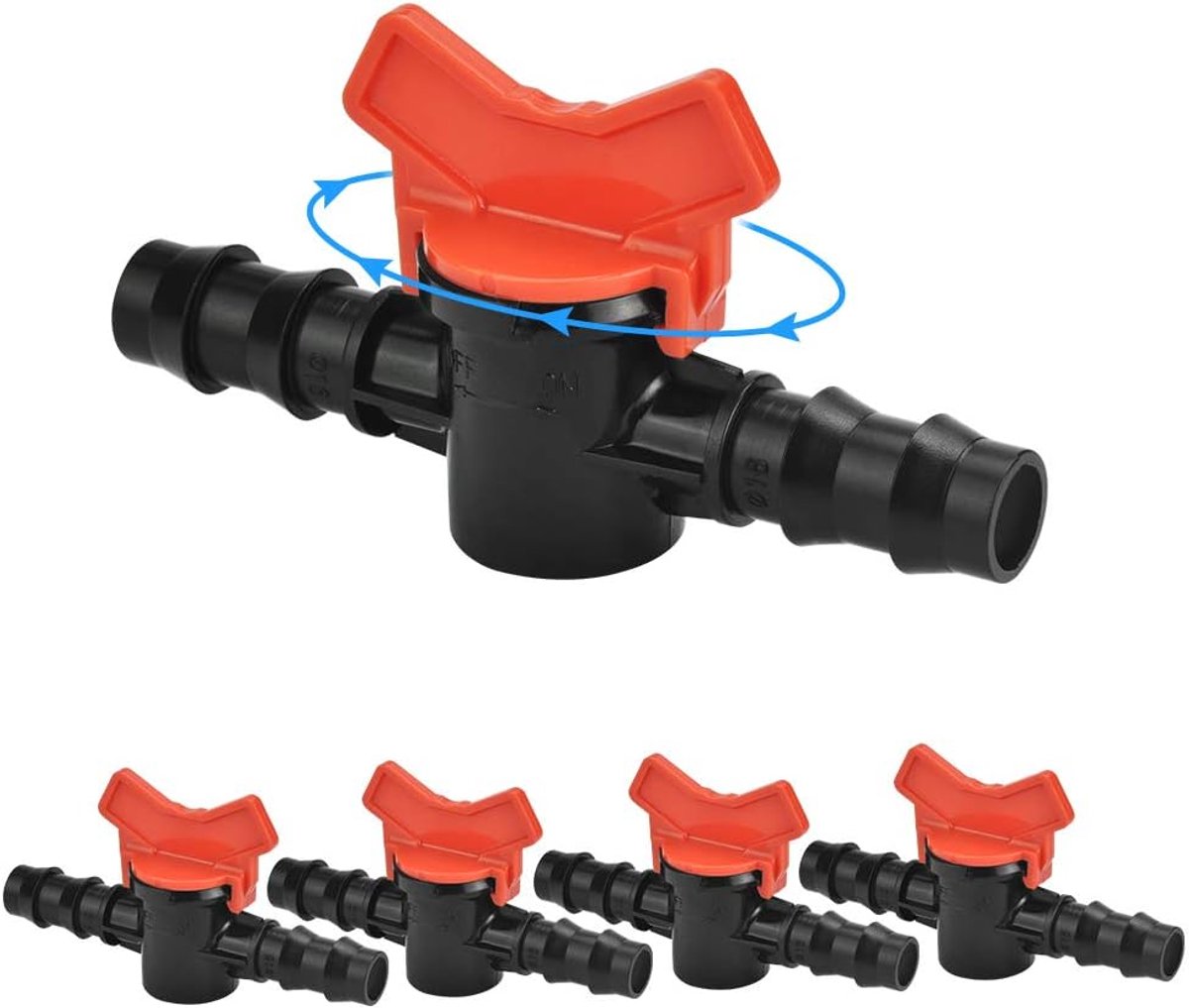 EXCITAT PE slangklep - irrigatie afsluitklep stroomregelaar - kunststof slangklep - 10 mm - druppelirrigatie accessoires - rode en zwarte waterstroomregelklep - Geschikt voor tuinslangen - 5 stuks