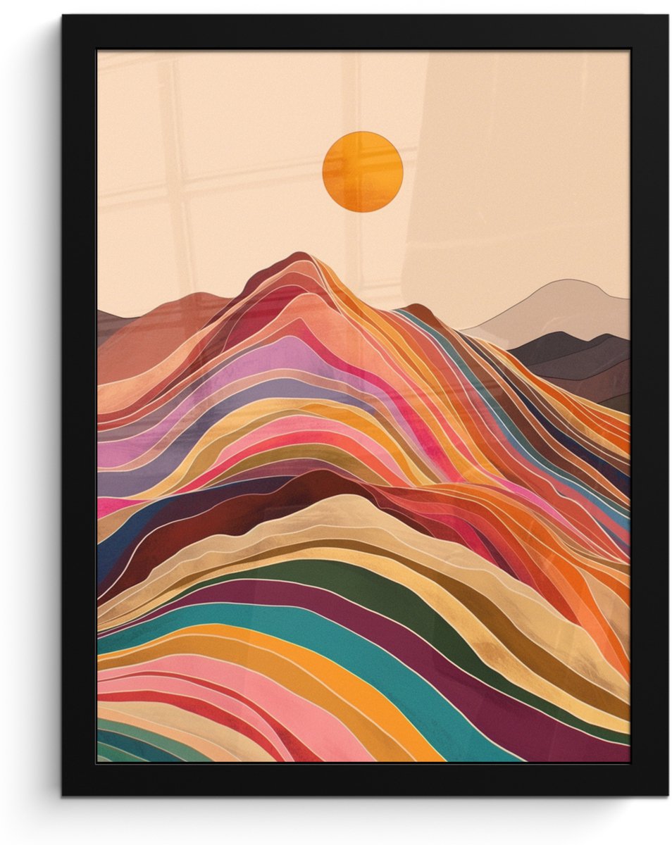 FrameYourWall Poster in lijst - Fotolijst 30x40 cm - Posters - Zon - Kleurrijk landschap - Bergen - Posterlijst zwart - Decoratie - Wanddecoratie woonkamer - Muurdecoratie slaapkamer Zon - Bergen - Kleurrijk