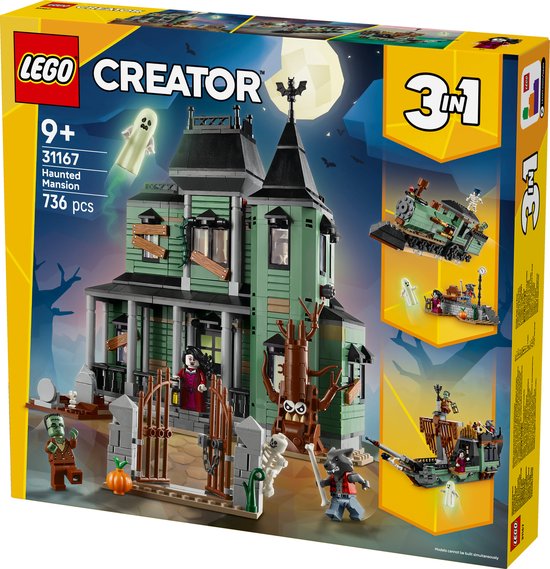 Une boîte LEGO Creator 3-en-1 Maison Hantée avec des images de la maison hantée, d'un train fantôme et d'un bateau fantôme.