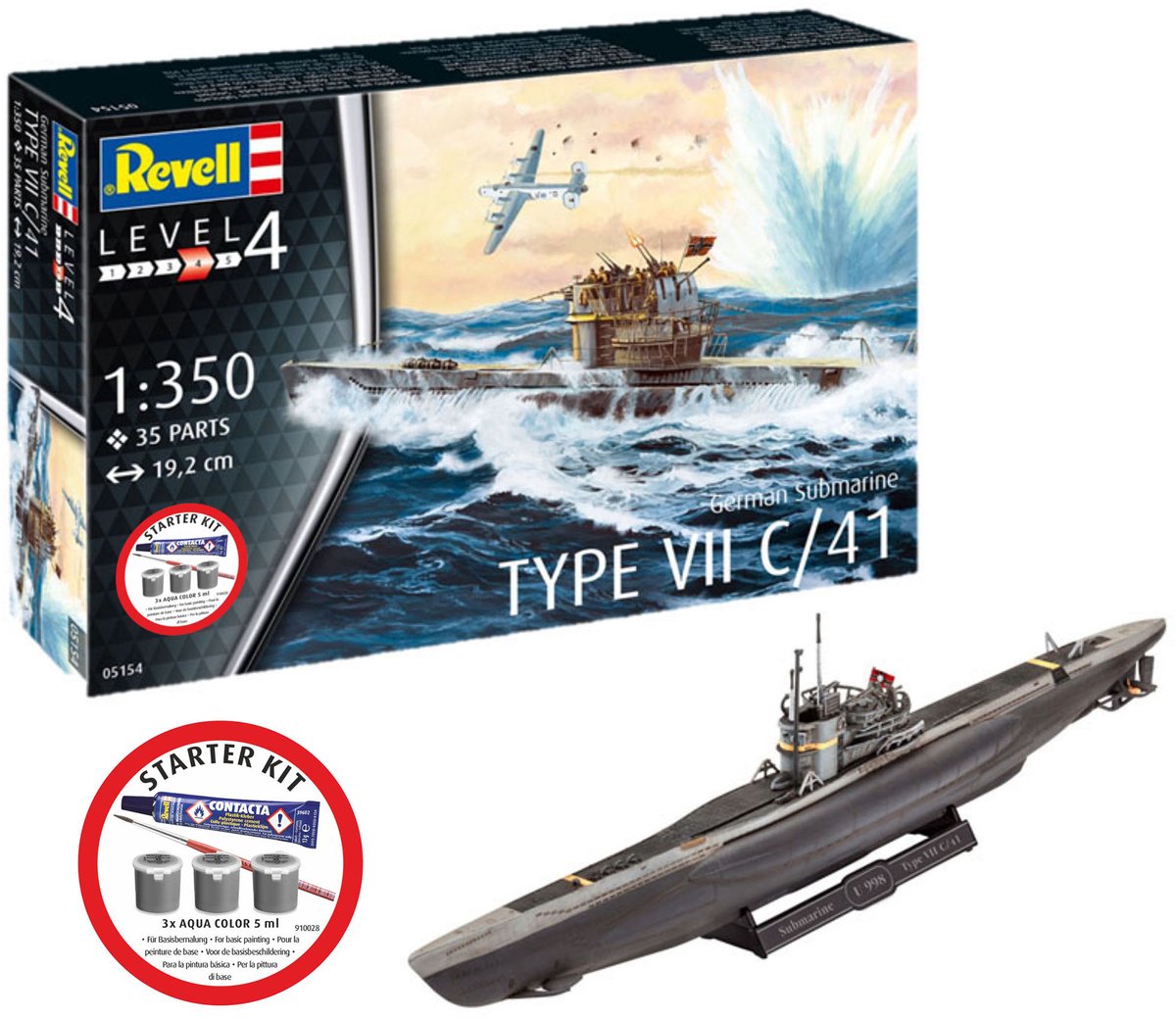 Revell Modelbouwpakket Militaire voertuigen - 75154 Duitse Onderzeeër Type VII C/41 - WWII U-boot - Starter Kit Plastic - 1:350 - Modelbouw