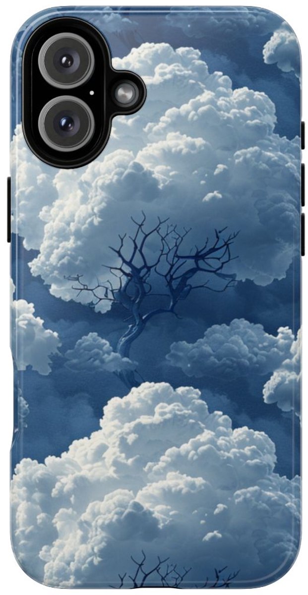 3D Wolken en Boompatroon – Glanzend Stevig Telefoonhoesje Geschikt voor iPhone 16 Plus