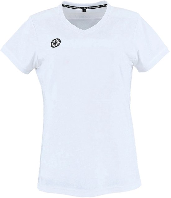 Wit dames sportshirt met V-hals en logo op de borst.