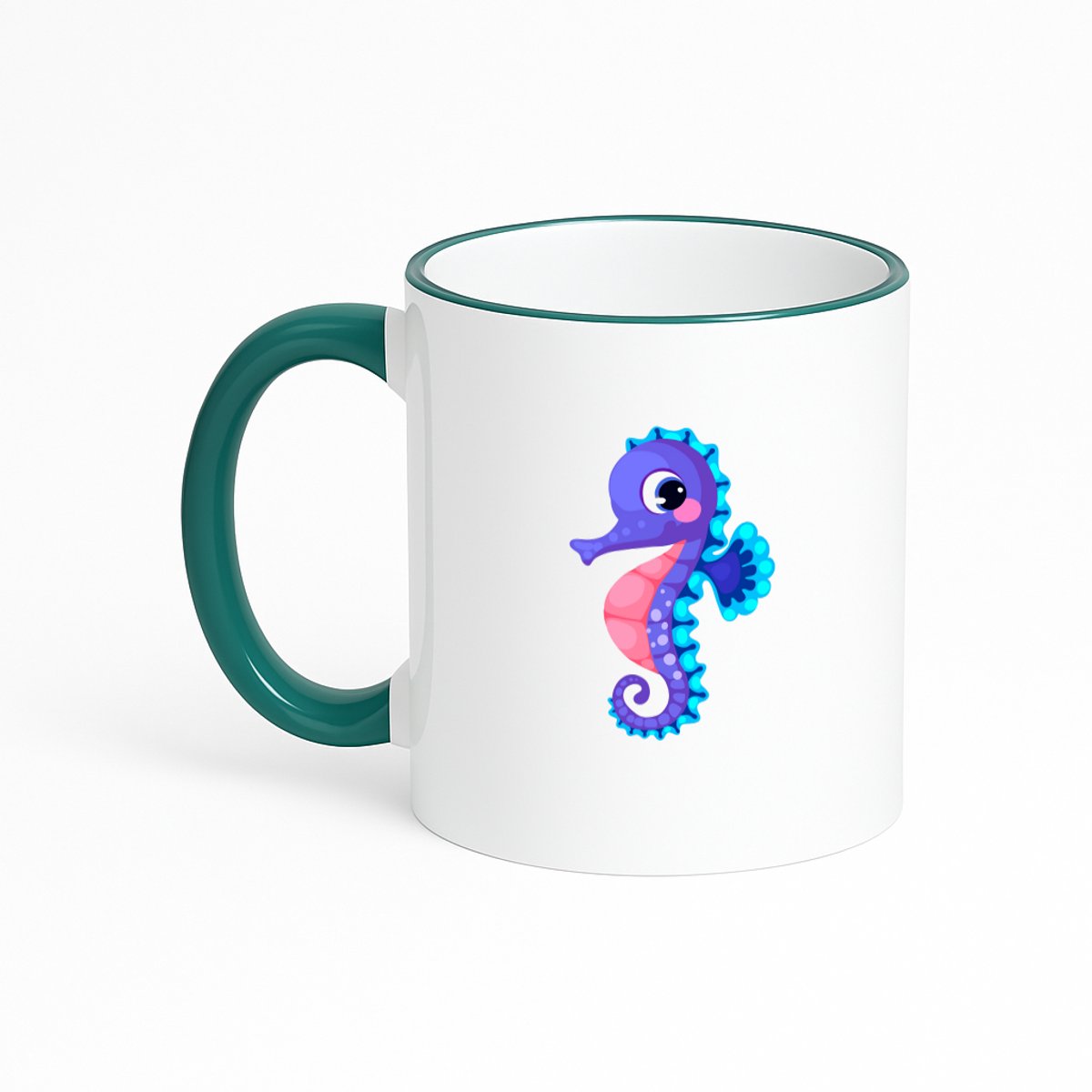 Hacebo® - Zeepaardje koffiebeker met gekleurde rand donker groen - Vis - Dieren liefhebbers - thee mok - koffie beker - Dierentuin - cadeau - koffiemok - 330 ML