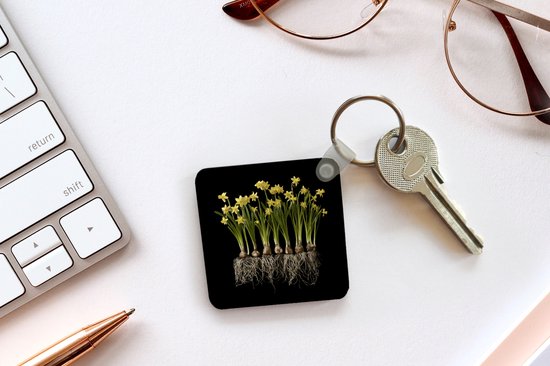 Porte-clés Plantes sur fond noir - Plusieurs jonquilles avec ampoules sur fond noir Porte-clés en plastique - Porte-clés carré avec photo