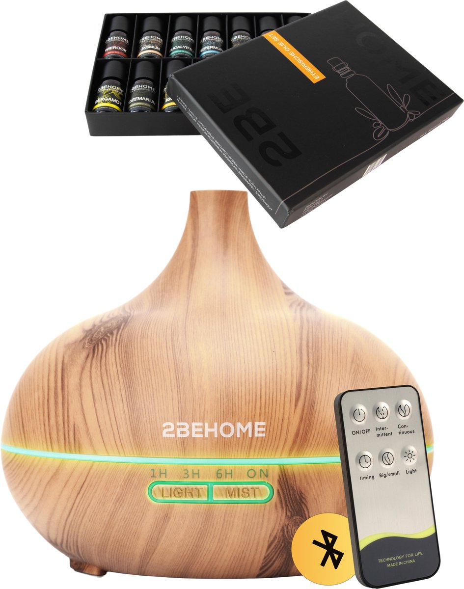 2BEHOME Aroma Diffuser Set met 16 Etherische Oliën & Afstandsbediening - 550ML - Aroma Diffuser Luchtbevochtiger - Etherische olie diffuser - Essential Oil Aromadiffusers - Geurverspreider voor Aromatherapie - Lichte Houtlook