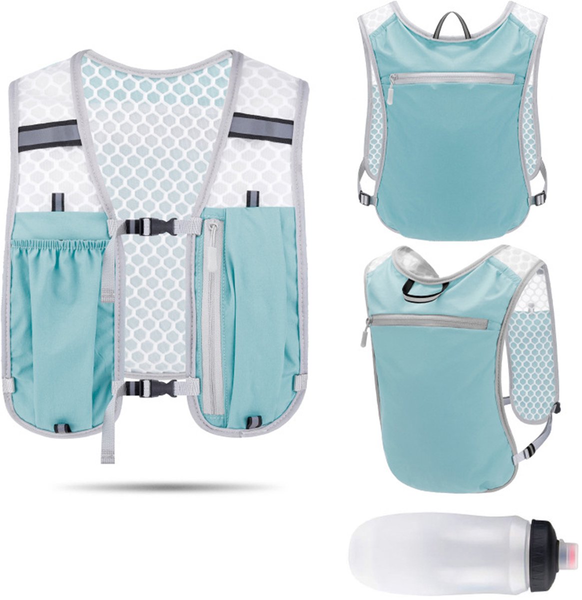 Hardloop-hydratatievest, lichtgewicht rugzak, stabiele borstuitrusting met blaas en telefoonhouder voor vrouwen, Heren,met reflecterende strepen, marathons, trails, fietsen, buitenavonturen(1 * lichtblauw vest, 1 * waterfles) - Cyslmuk®