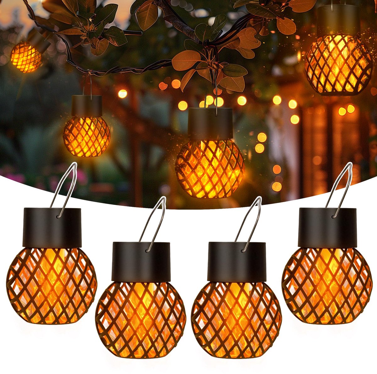 4-pack zonnelantaarns voor buiten, waterdichte hangende zonnelampen voor buiten met flikkerende vlam, zonne-aangedreven buitenverlichting voor tuindecoratie, terras, boom, camping, festivaldecoratie