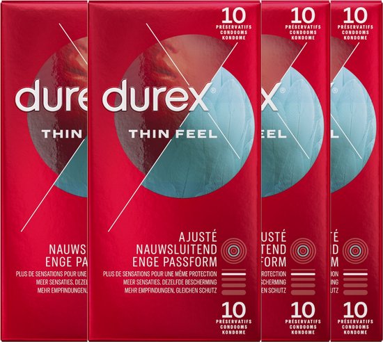 Vier pakken rode Durex condooms, elk met 10 stuks. De verpakking toont "Durex Thin Feel" en "Ajusté".