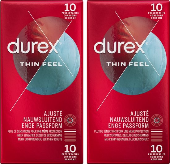 Twee rode Durex Thin Feel Close Fit verpakkingen. Elk met 10 condooms, het Durex logo en de tekst 'Ajusté Nauwsluitend Enge Passform'.