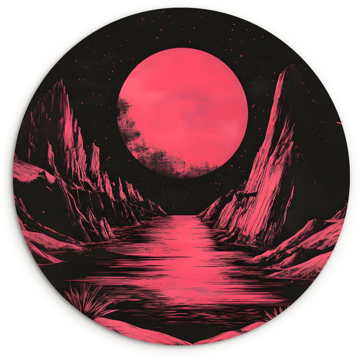 WallCircle Wandcirkel 120x120 cm - Muurcirkel Maan - Felroze - Bergen - Rivier - Muurdecoratie woonkamer - Wanddecoratie slaapkamer - Kamer decoratie accessoires - Ronde schilderijen Maan - Bergen