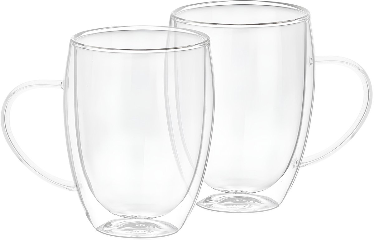 Cheffinger, Set 2 Glazen met dubbelwandig oor 350ml van massief borosilicaatglas, Transparant