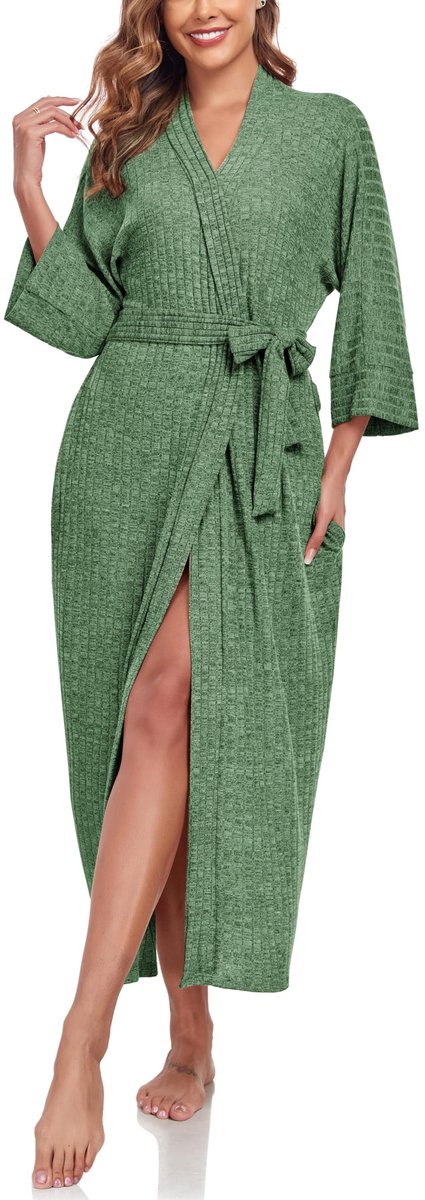Dames Badjas Kimono - Licht, Dun en Comfortabel Gebreid - Lang Model voor Thuis, Sauna en Loungewear - Groen S