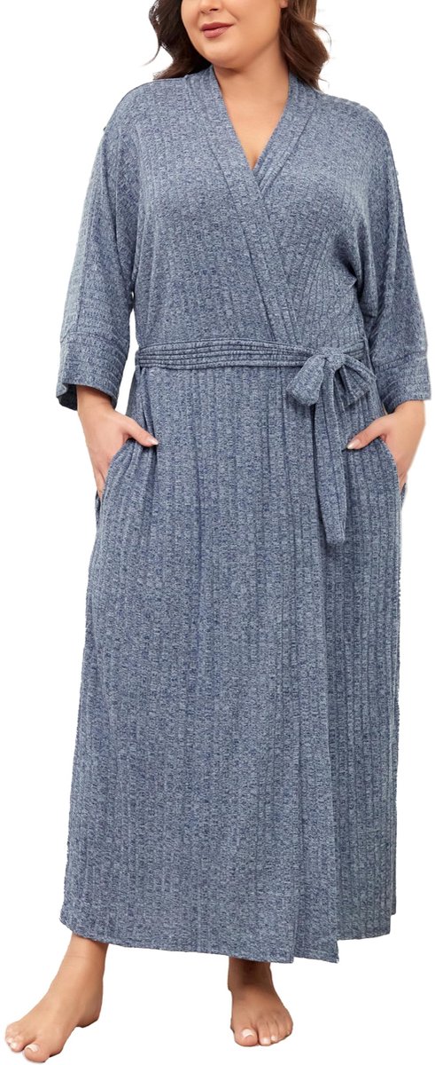 Dames Badjas - Gebreid - Lang - Zacht - Morgenmantel - Marineblauw - Maat 3XL