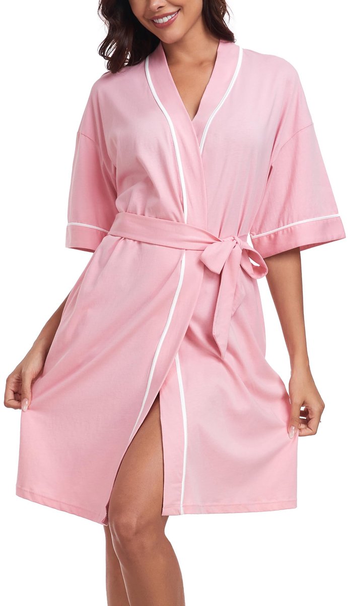 Dames Morgenmantel - Korte Lichtgewicht Kimono-stijl met 1/2 mouwen en zakken - Roze, Maat M