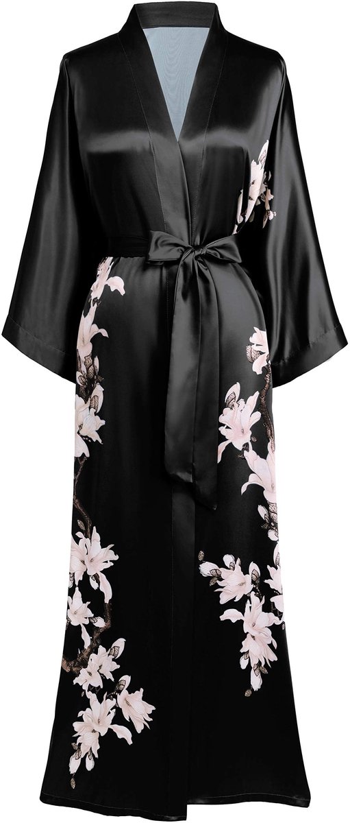 Dames Kimono Morgenmantel - Met Perenbloesem Print - Voor thuis of als strandjas - Maxi Lang Zwart