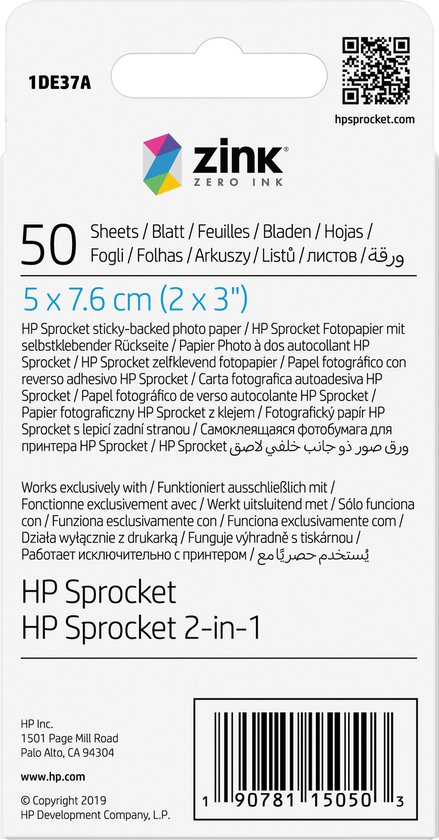 Papier photo autocollant HP Sprocket - 50 feuilles