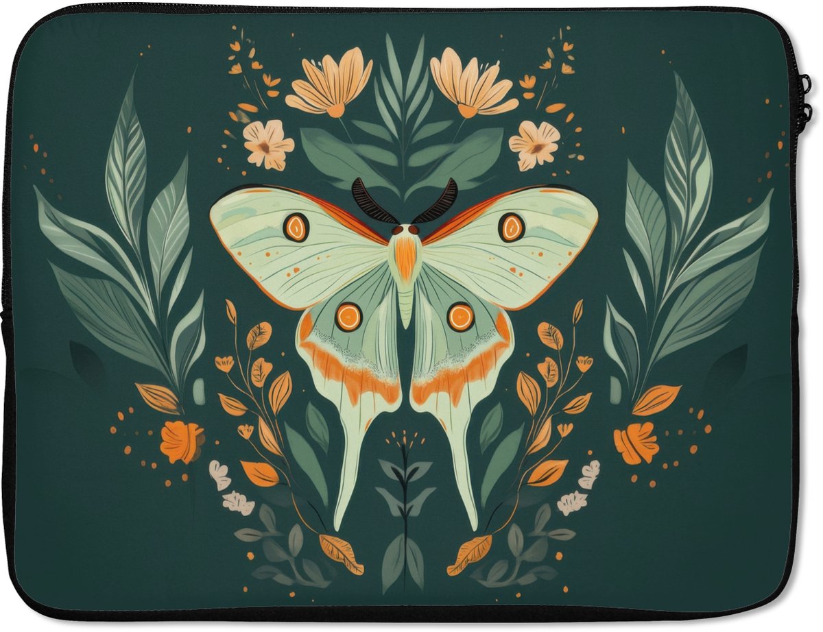 Laptophoes 15.6 inch - Sierlijk - Vlinder - Groen - Bladeren - Laptop sleeve - Binnenmaat 37x26 cm - Zwarte achterkant