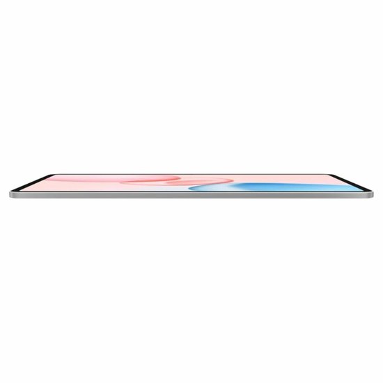 Grijze Honor tablet met een scherm met roze en blauwe abstracte vormen, schuin van voren gezien.