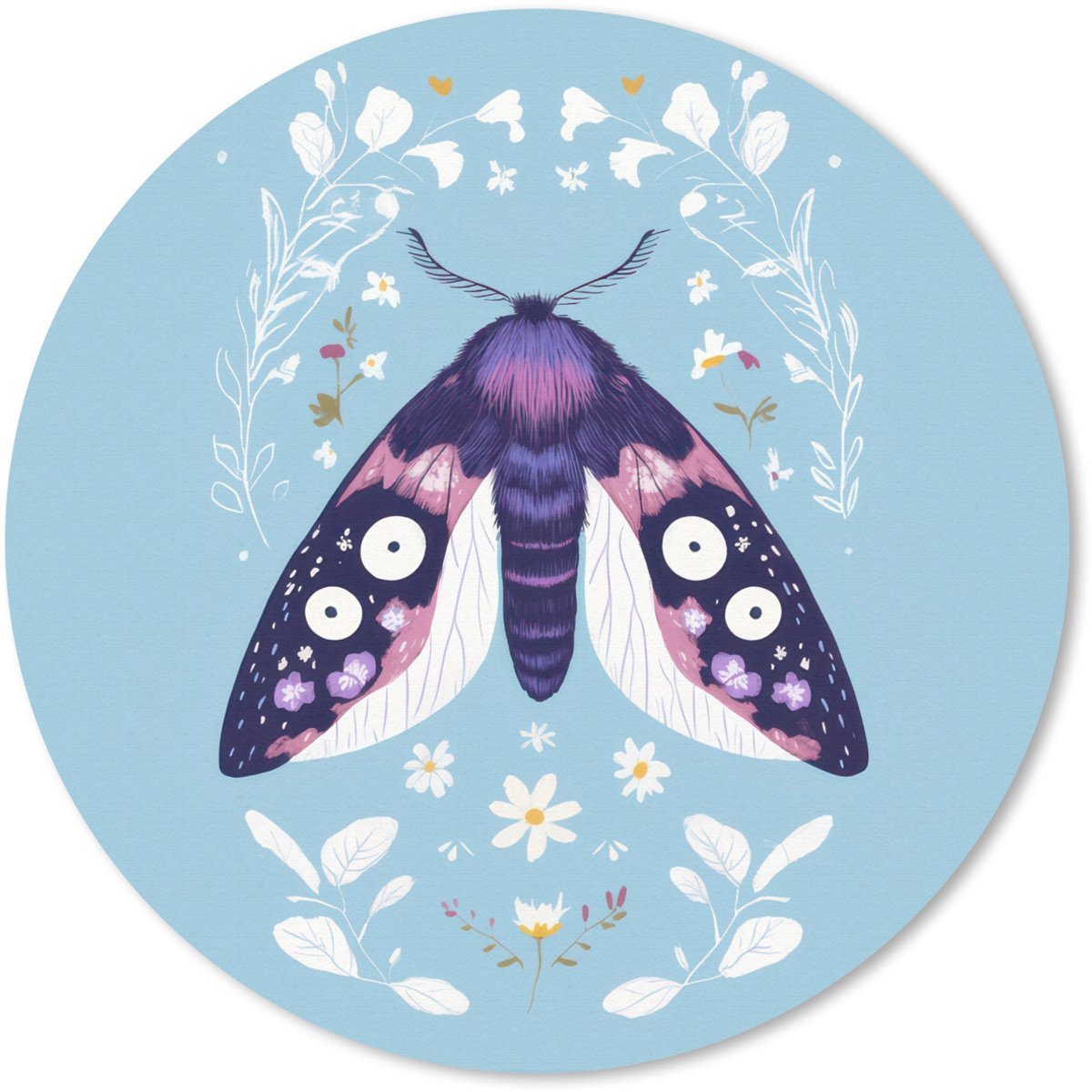 Muismat rond 40x40 cm - Mousepad Bladeren - Wit - Vlinder - Insect - Ronde muismatten
