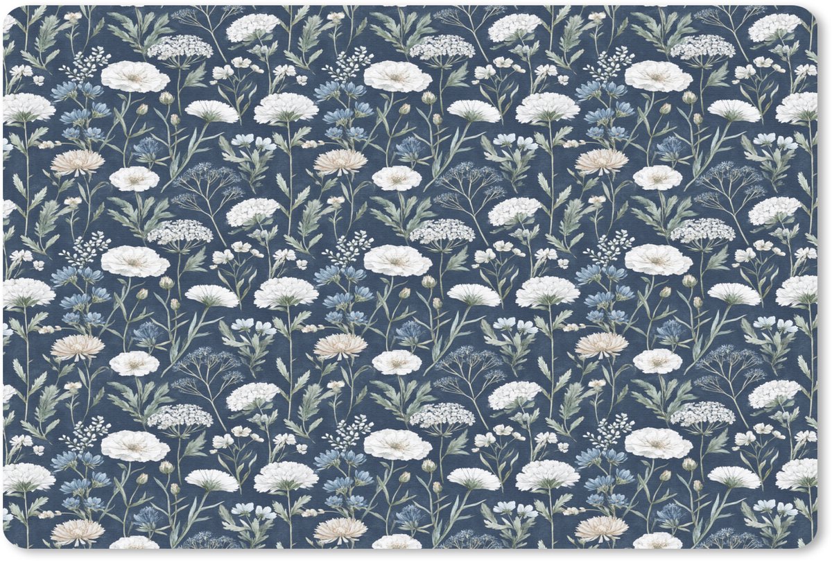 Muismat 27x18 cm - Mousepad Patroon - Bloemen - Wit - Blauw - Muismatten
