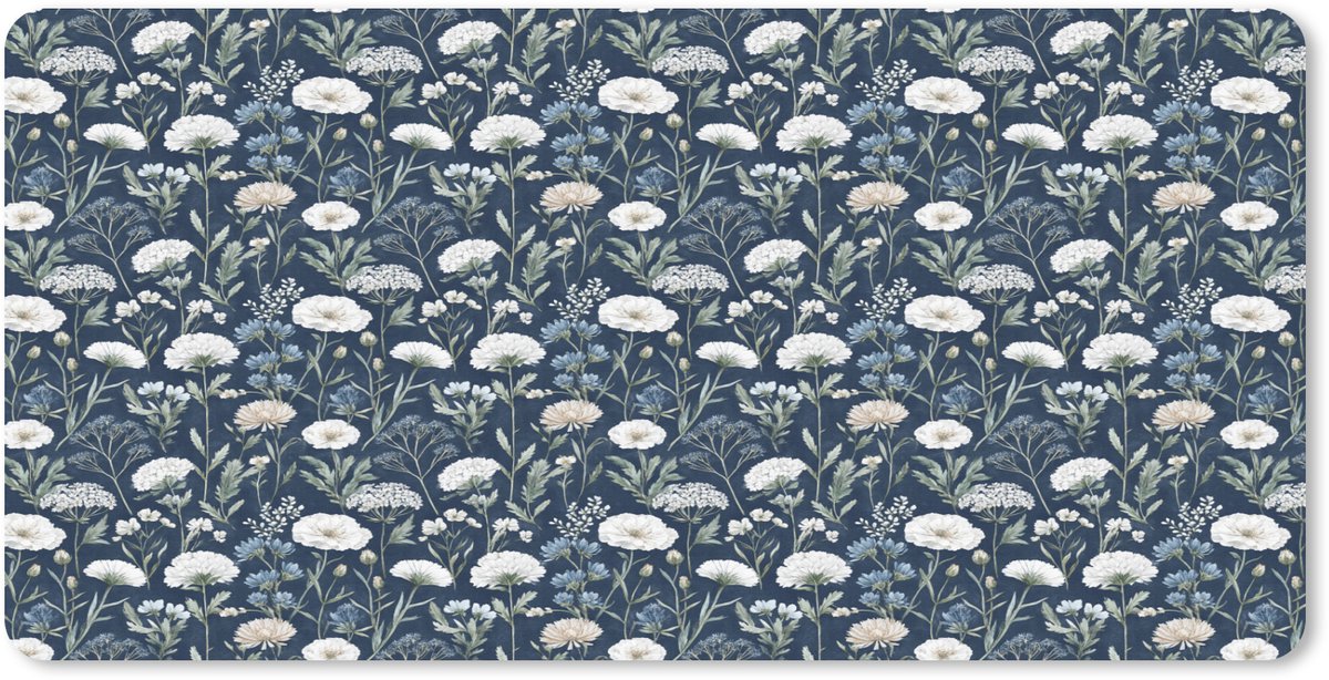 Muismat XXL 100x50 cm - Bureau onderlegger - Bureau mat Patroon - Bloemen - Wit - Blauw - Bureaumat - Gaming mousepad xl - Bureaulegger groot - Computer deskmat