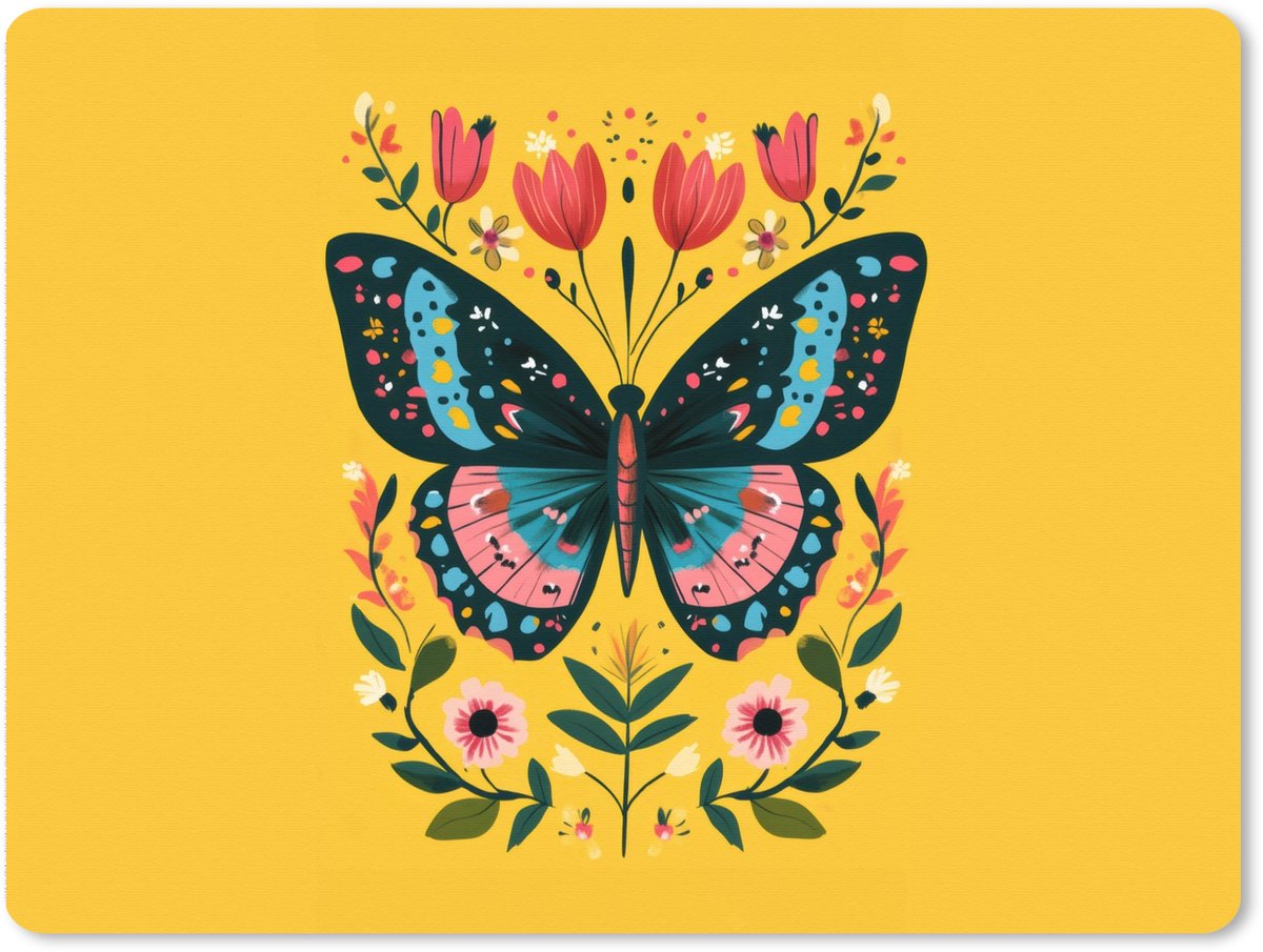 Muismat XXL 80x60 cm - Bureau onderlegger - Bureau mat Bloemen - Kleurrijk - Vlinder - Sierlijk - Bureaumat - Gaming mousepad xl - Bureaulegger groot - Computer deskmat