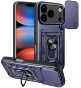 MobyDefend Hoesje - Geschikt voor iPhone 17 Pro Max - Pantsercase Met Draaibare Ring - Blauw