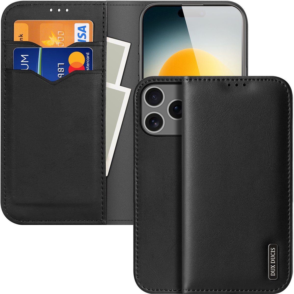 Dux Ducis Hoesje - Geschikt voor iPhone 17 Pro Max Hoesje - Dux Ducis Hivo - Genuine Leather Book Case - Zwart
