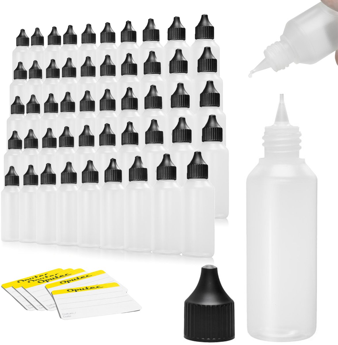 Oputec 50x 50 ml druppelflessen – PE doseerflessen – levensmiddelveilig + etiketten
