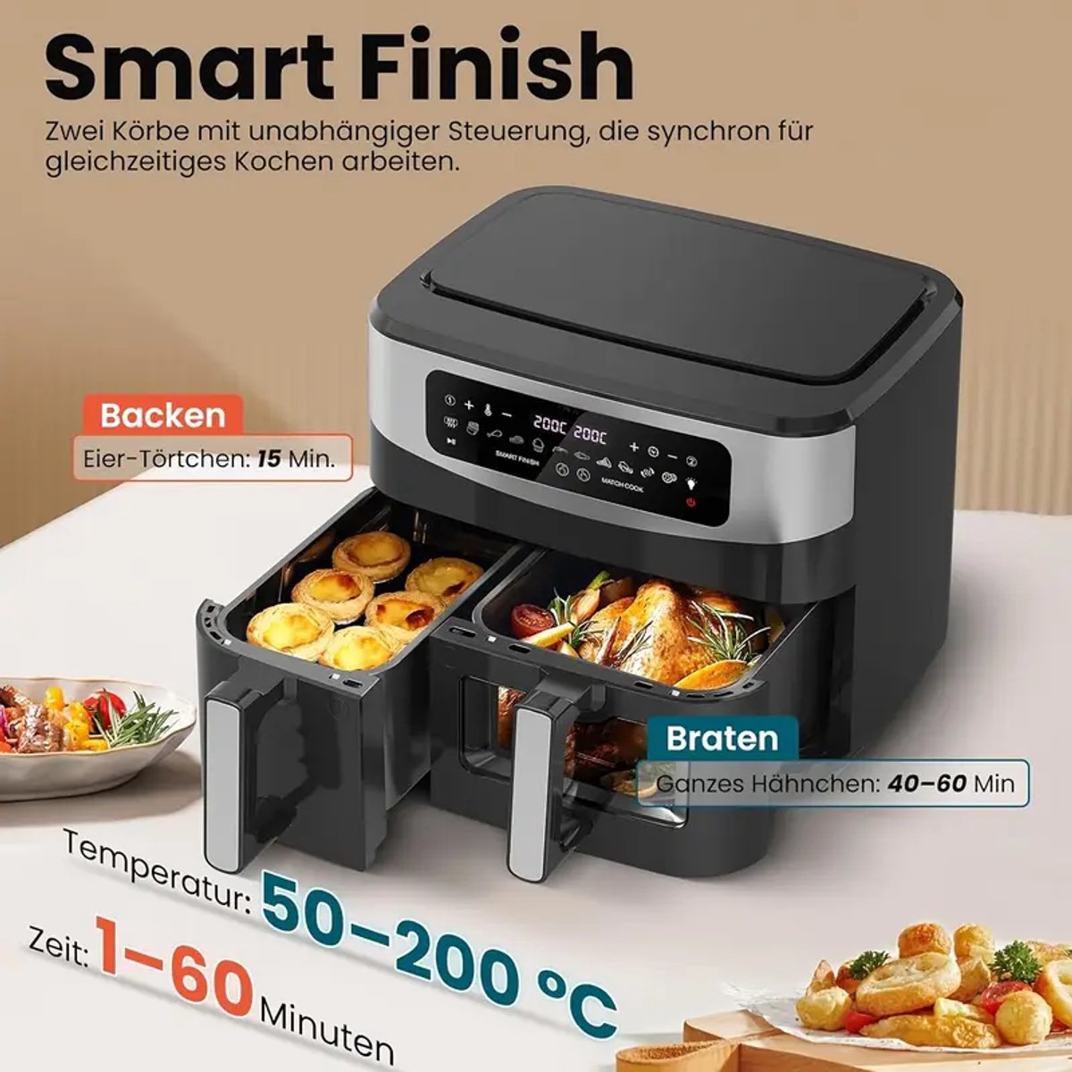 Afbeelding 2 van 10L Dual Zone Airfryer Oven – XXL 2600W – Dubbele Mand (4L + 6L) – Met Kijkvenster & Touchscreen – 12-in-1 Programma’s – Olievrij Gezond Koken – 3D Hete Lucht Technologie – Zwart