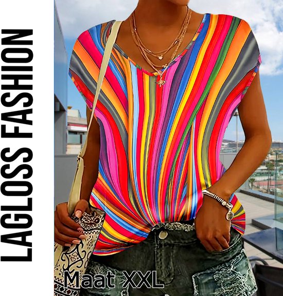 Débardeur à rayures Western pour femme LaGloss® – T-shirt coloré à col en V– Haut décontracté à manches courtes – Printemps/Été/Automne – Légèrement extensible – Taille XXL