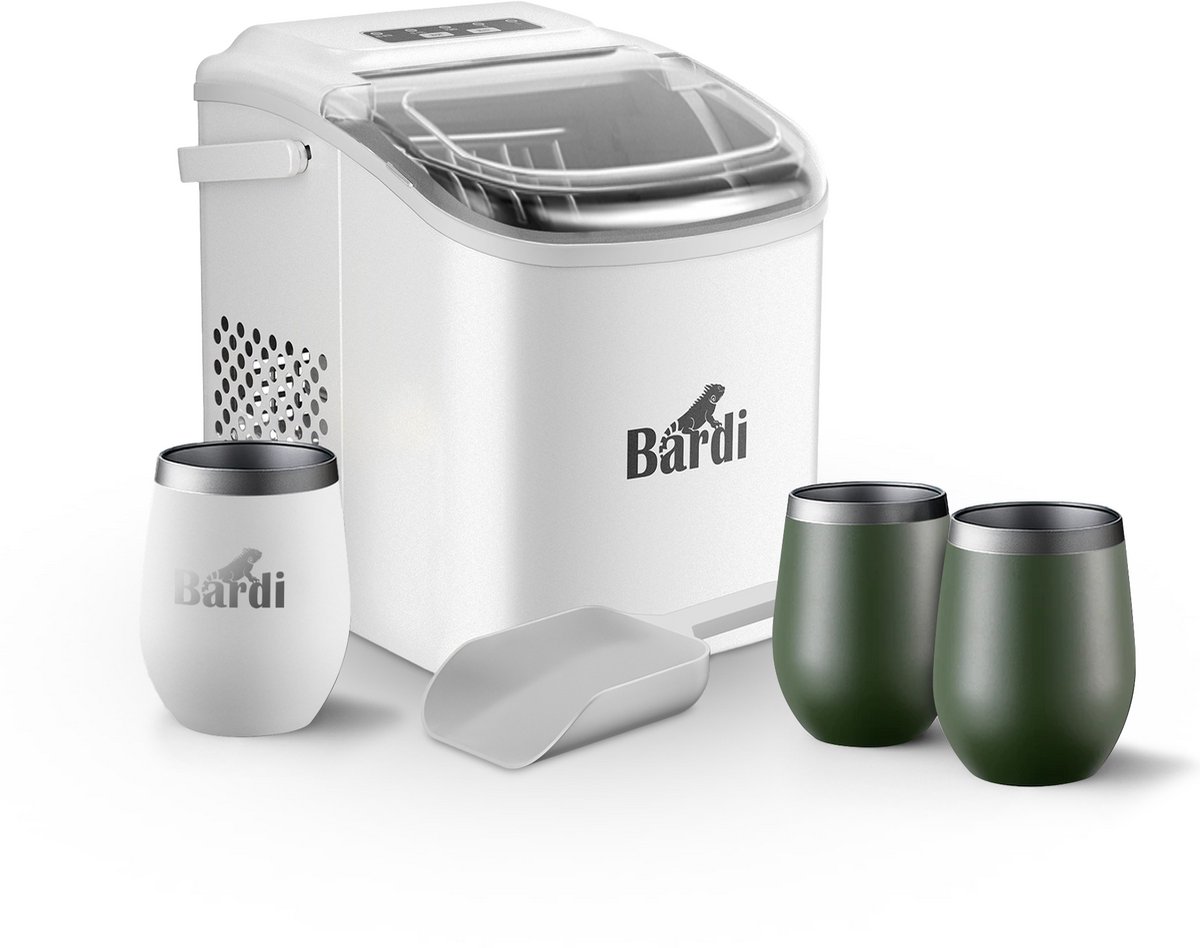 Bardi Deluxe IJsblokjesmachine Set 1,2 Liter Wit - 12KG IJsblokjes in 24 uur - met IJsschep - Inclusief 3 Luxe Thermosbekers en Ijsschep - Groen