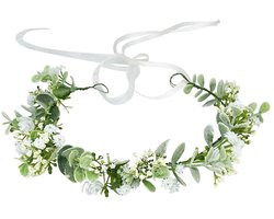 TuseRxln Bloemenkrans - Bloemenkrans Haar - Handgemaakt Met Verstelbare Linten Voor Bruiloft En Festival - 1 Stuk - Wit