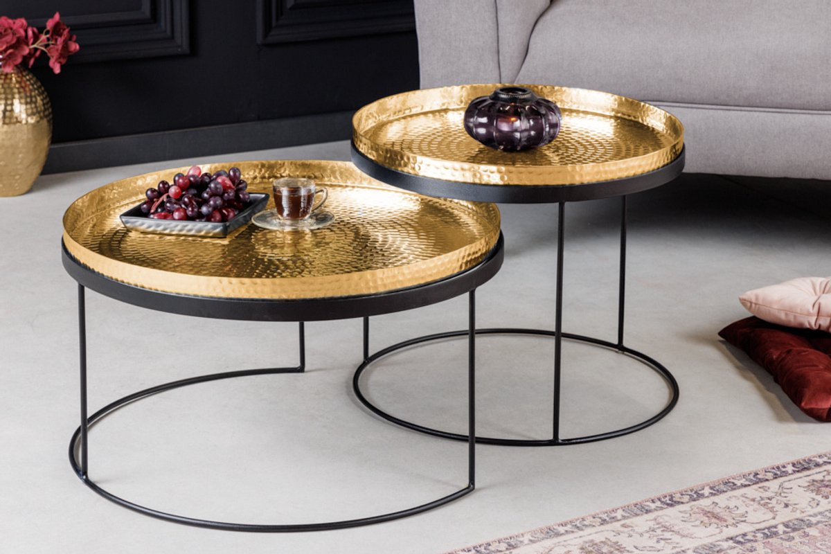 Invicta Interior Set van 2 ronde salontafels ELEMENTS 60cm goud zwart metalen dienblad tafel bijzettafel handgemaakt - 42730 Zie omschrijving