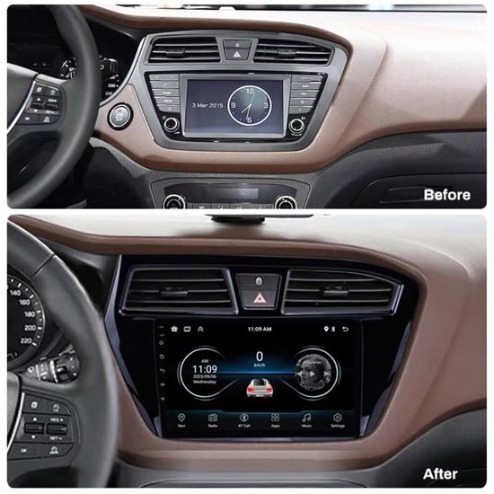 Bluetooth autoradio - Android 15 voor Hyundai i20 2015-2018 met draadloze CarPlay-ondersteuning, Android Auto, 4+64 GB, 9-inch touchscreen met GPS-navigatie, Bluetooth, wifi, FM/RDS, stuurwielbediening en AHD-achteruitrijcamera.