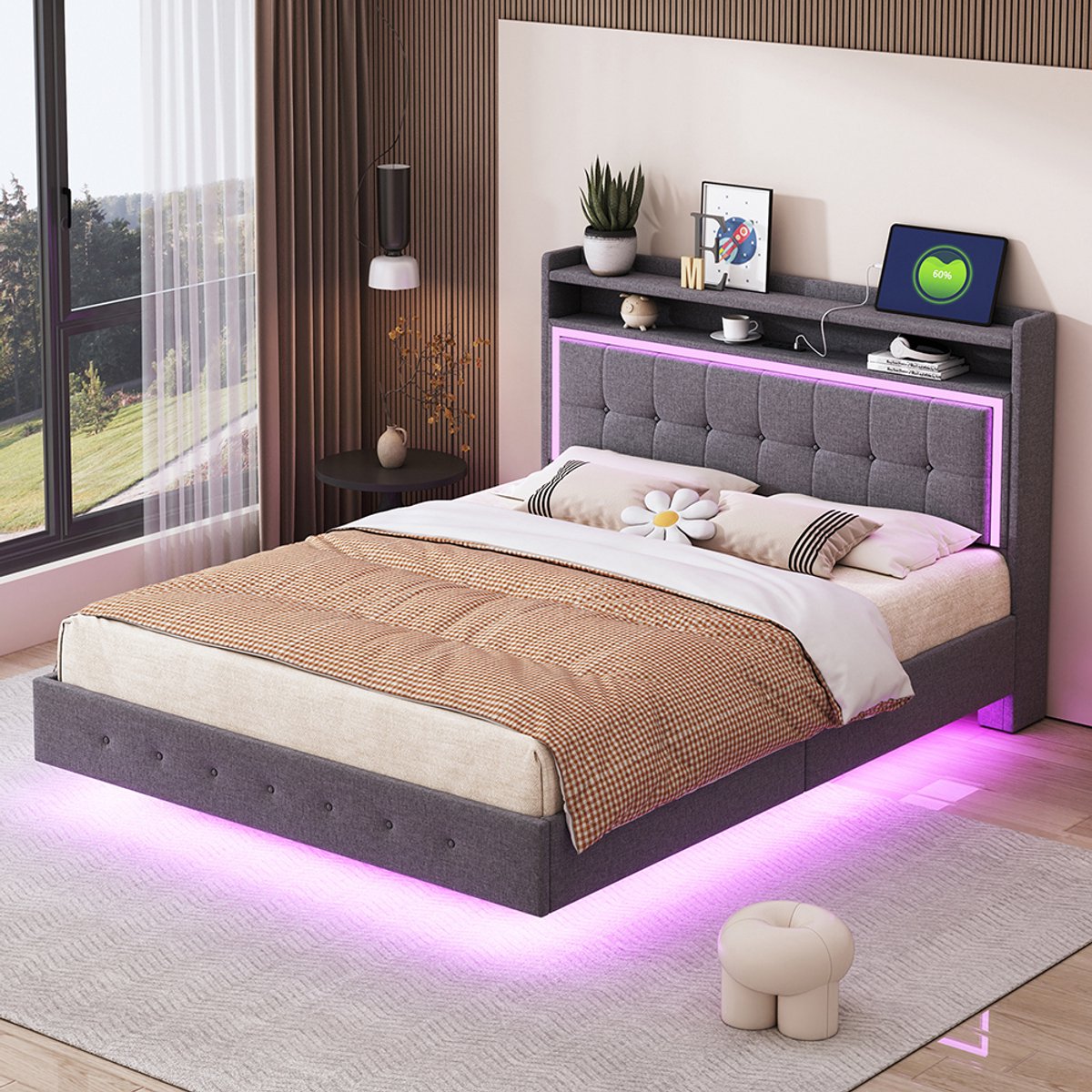 Pugsdrly Opbergbed 140*200, met USB-aansluiting en LED-lampje, bed kan aan het hoofdeinde van het bed worden geplaatst, verborgen voetontwerp, dubbel vlak bed, linnenstof grijs