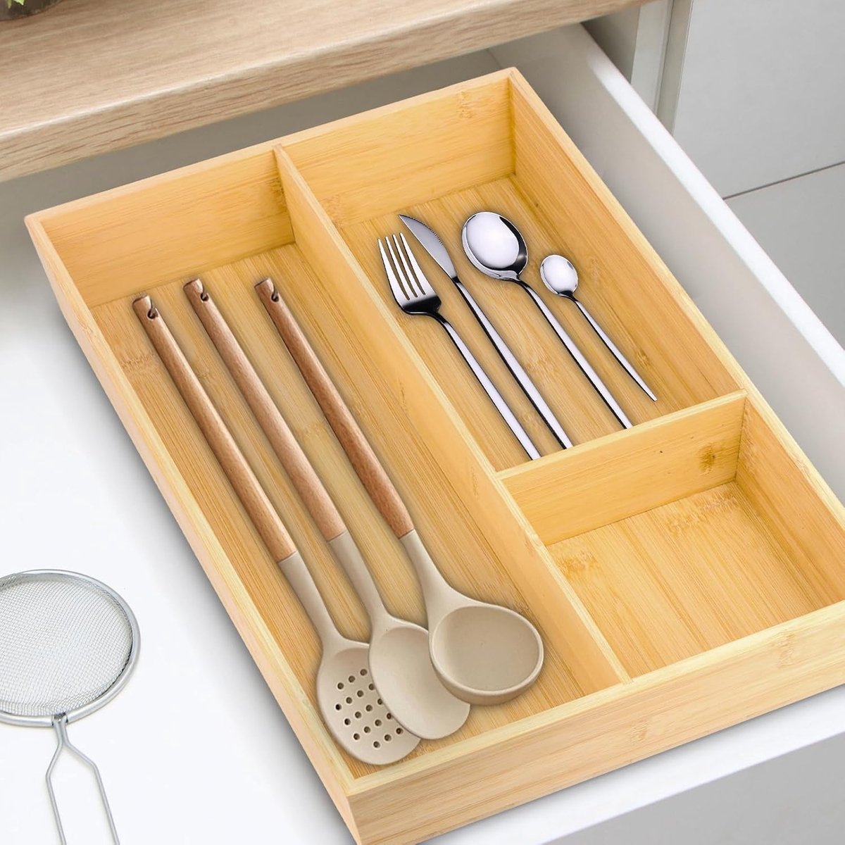 Houten Bestekbak 3 Compartimenten 43x30x6cm - Organiser voor Keukenlade - Zilverwerk Lade Houder - Mes Vork Spatel Opslagdivider