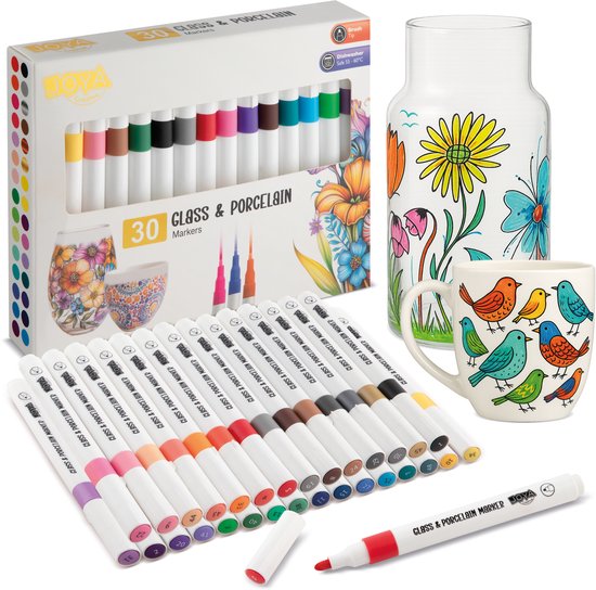 Set de 30 Marqueurs de Luxe pour porcelaine - Marqueurs pour porcelaine et Glas - Marqueurs textile - Convient aux Adultes