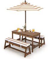 COSTWAY Kinderzitgroep, kinderpicknicktafel met banken, kussens en parasol, kinderzitgarnituur van hout, voor buiten, tuinmeubelen voor tuin, achtertuin, terras (lichtbruin)