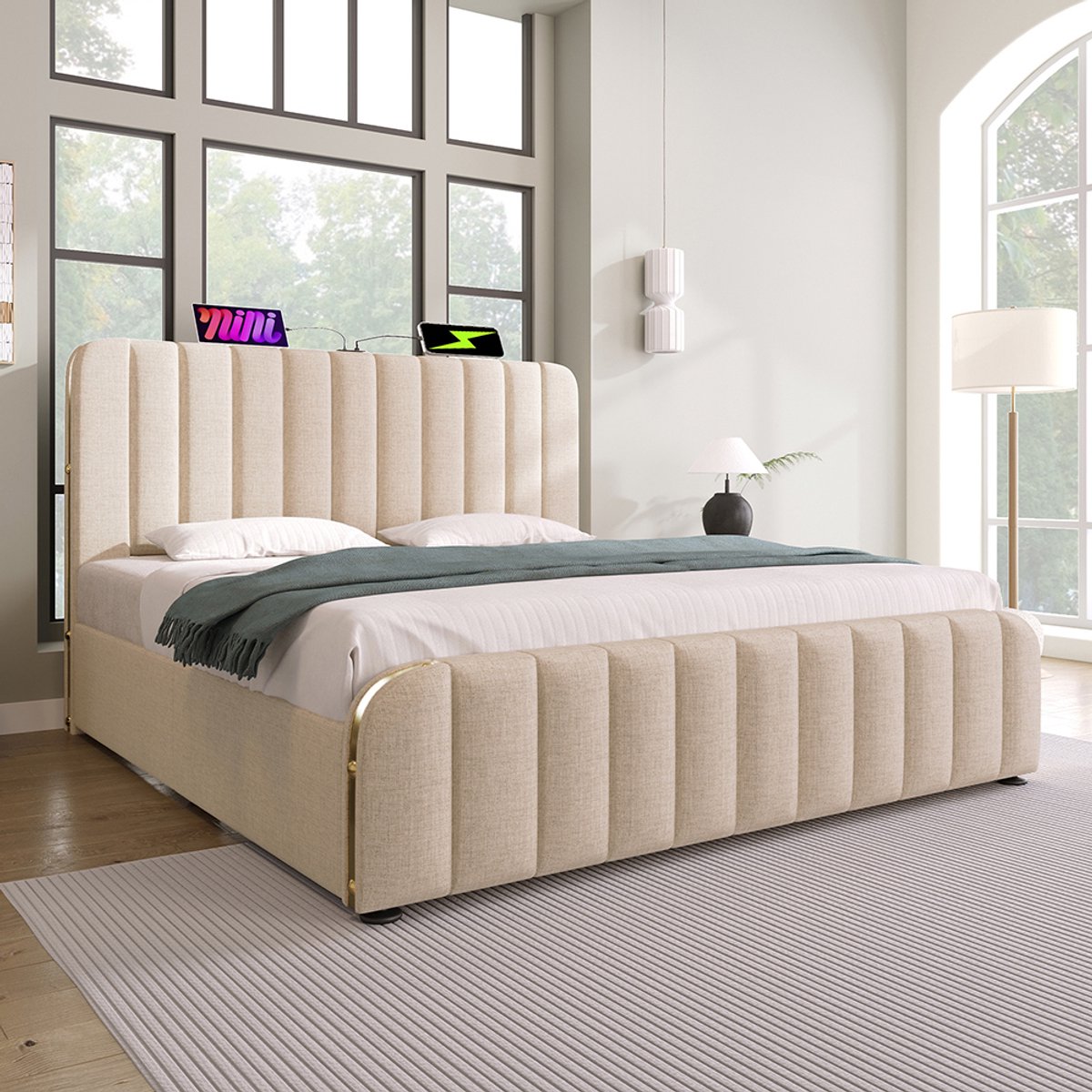 Pugsdrly Gestoffeerd bed dubbel 140x200 cm beige linnen materiaal met gestoffeerd hoofdeinde gouden sierstrepen USB type C oplaadfunctie hydraulisch opbergbed draagvermogen 181 kg zonder matras