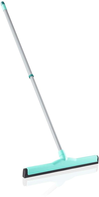 Lichtblauwe waterwisser met grijze steel, op een witte achtergrond.