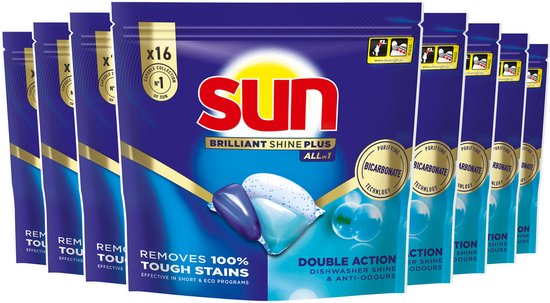 Sun Brilliant Shine Plus Vaatwascapsules - All-in 1 - een capsule met Bicarbonate-technologie - 8 x 16 capsules