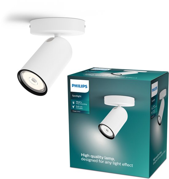 Plafonnier Philips Pongee blanc à côté de son emballage.