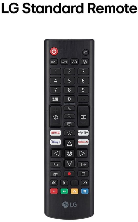 LG standaard afstandsbediening met numeriek toetsenbord en sneltoetsen.