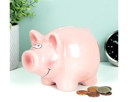 Out of the Blue Spaarpot dier Spaarvarken - keramiek - 15 x 11 cm - roze - met sleutel