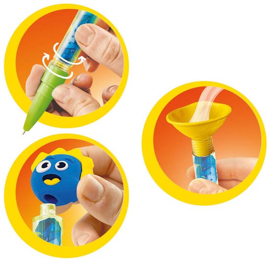 Drie circulaire beelden: een groene pen die wordt gevuld, een gele trechter en een blauw monsterhoofdje dat op een pen wordt gezet.