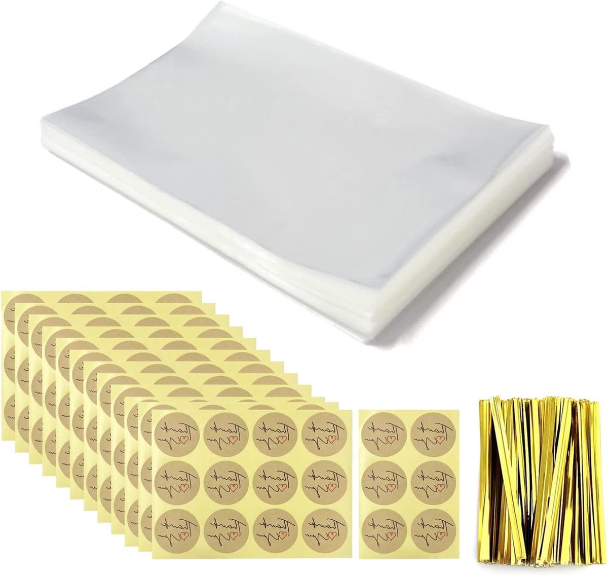 Allecto Plus - Transparante plastic zakken voor snoep met stickers en afdichtingsdraad - 150 stuks