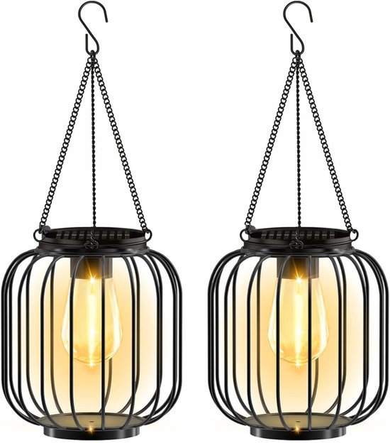 2-pack hangende zonnelantaarns, metalen buitenzonnelampen, waterdichte decoratieve buitenverlichting voor buiten, patio, tuinpad, veranda, warm wit